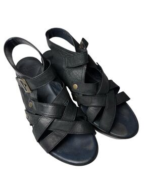 Think! Kamaa Platform Sandals Clog Black Leather Woven Non Slip SZ 11 42 Italy